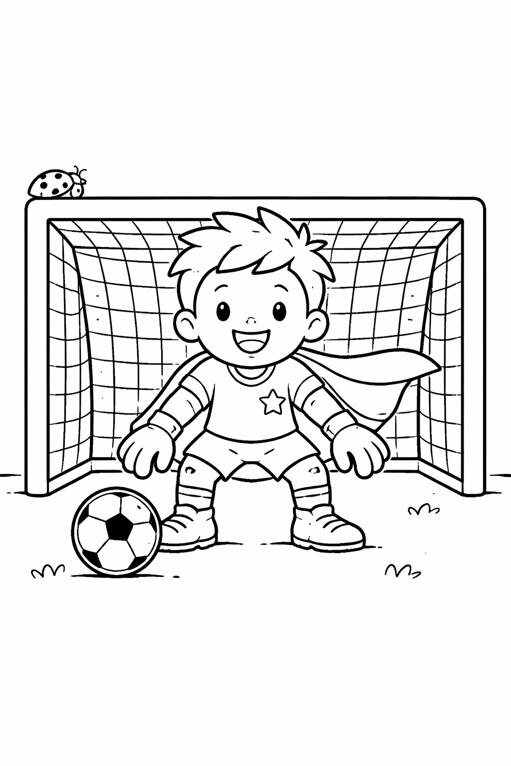 Printable coloring page of a sunny soccer field with a cheerful young goalie ready to dive. Print and color the scene, from the bright jersey and purple gloves to the fluttering cape and the tiny ladybug on the post.
