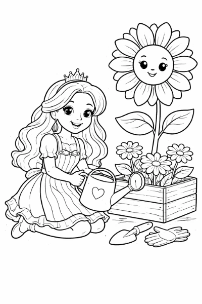 Print this charming Gardening Princess coloring page and bring the garden scene to life with your colors. The cheerful princess in a striped apron tends a sunflower beside a heart-decorated watering can.