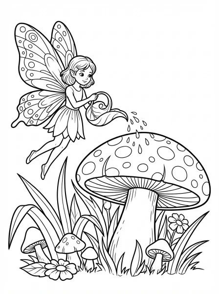 Imagine a magical scene with a tiny fairy tending to a giant mushroom! Print this delightful coloring page and bring this enchanting garden adventure to life with your favorite colors.