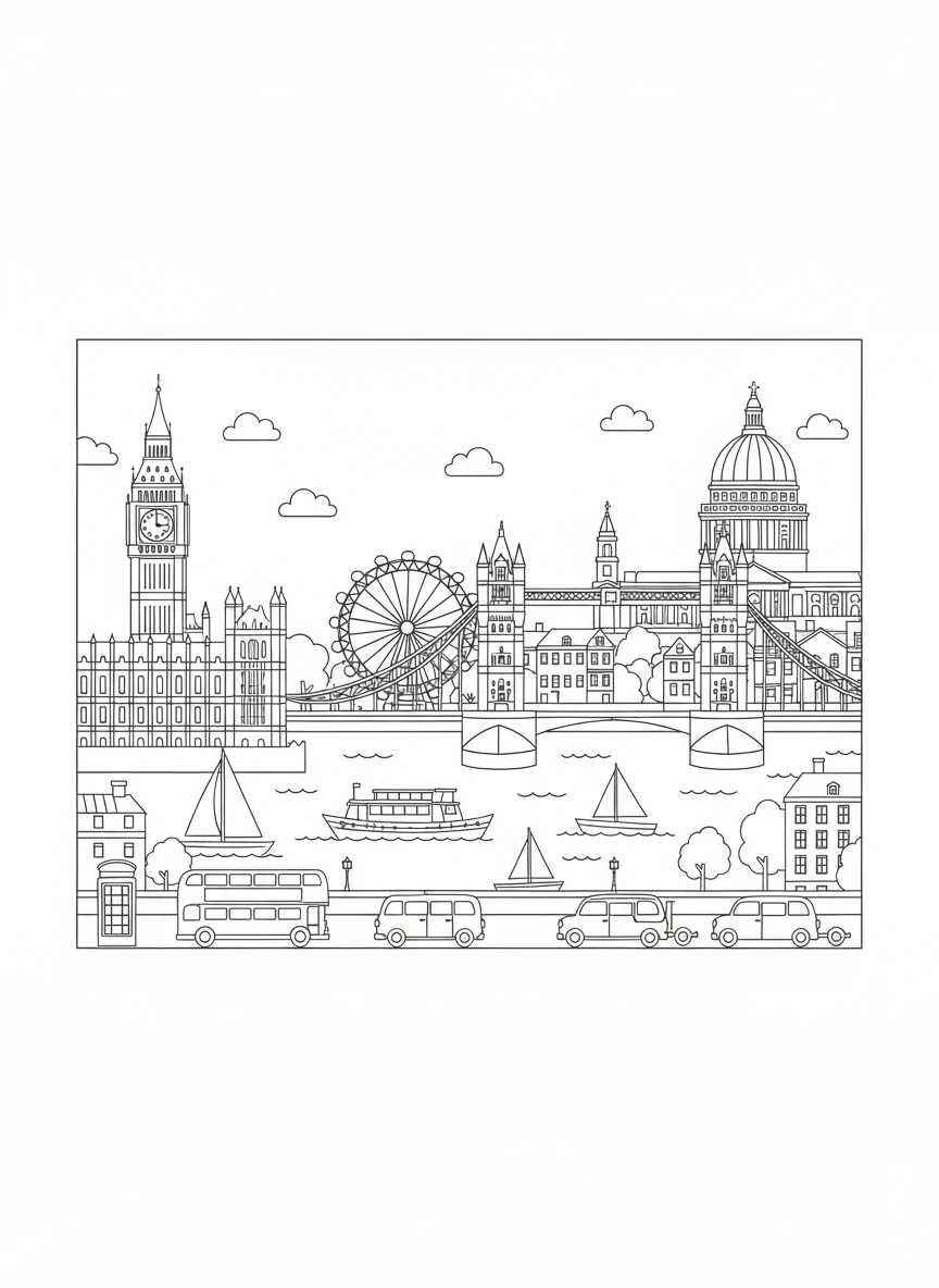 Discover the iconic sights of London with this detailed coloring page, perfect for all ages. Featuring famous city landmarks with clear, spaced lines, it's ideal for a relaxing and creative coloring activity.