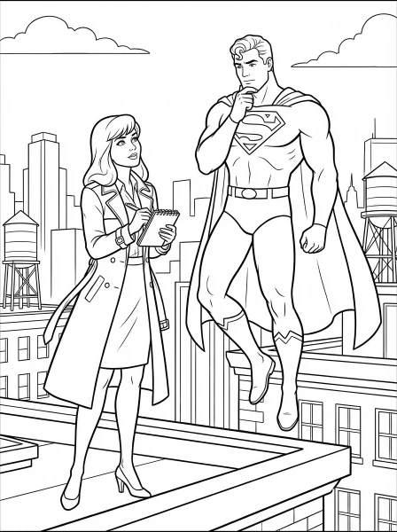 Print and color this exciting scene featuring Superman being interviewed by the brave reporter Lois Lane on a city rooftop. It's a fun and free printable coloring page for kids and adults who love superhero adventures!