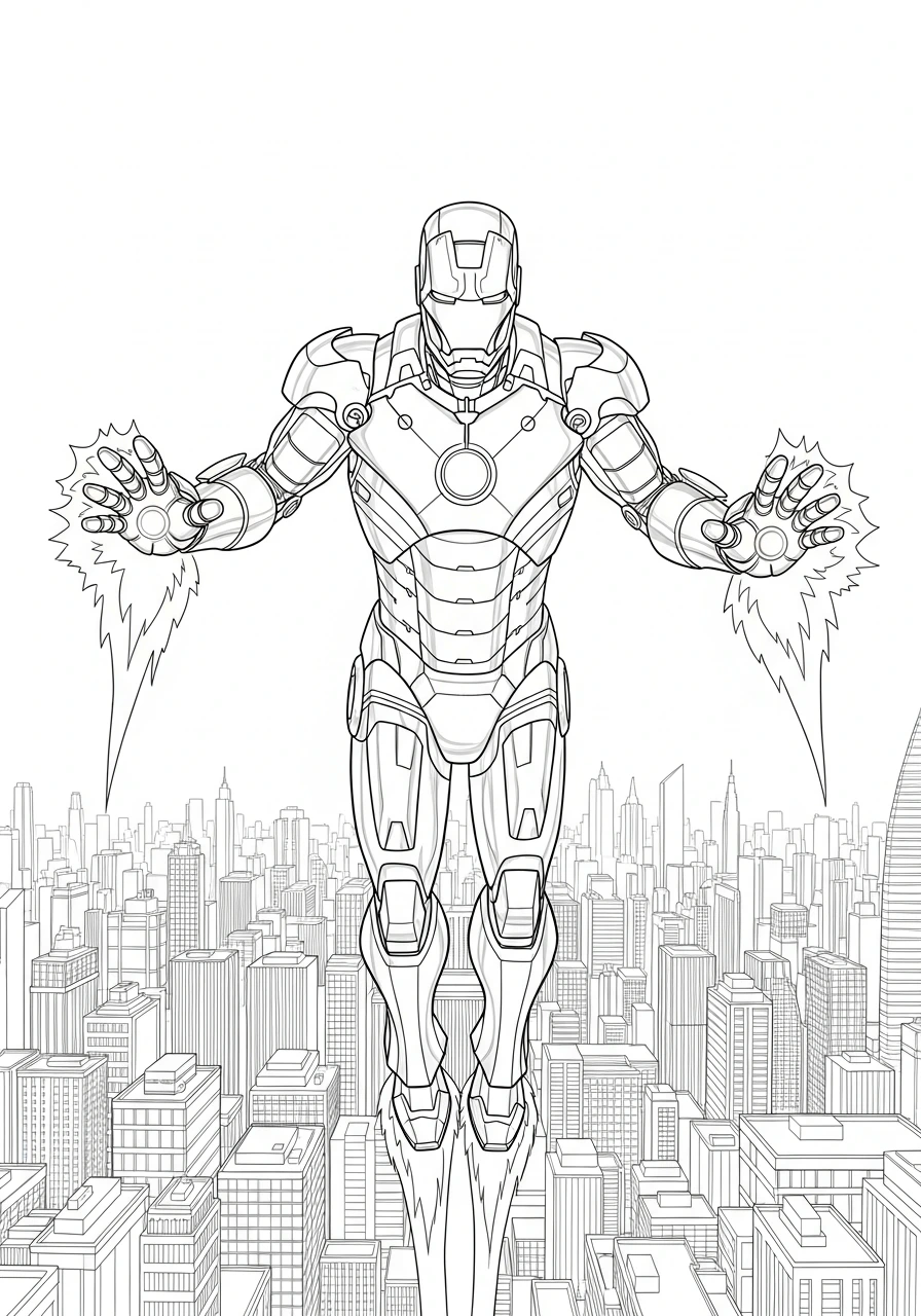 Soar through the skies with Iron Man! Print and color this action-packed page featuring Iron Man flying high above a bustling city, ready for adventure.