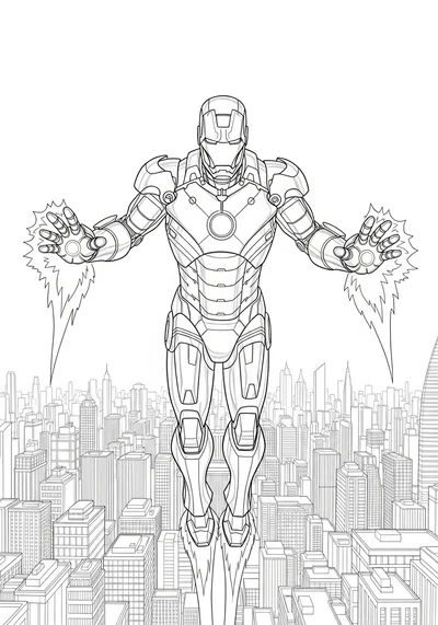 Soar through the skies with Iron Man! Print and color this action-packed page featuring Iron Man flying high above a bustling city, ready for adventure.