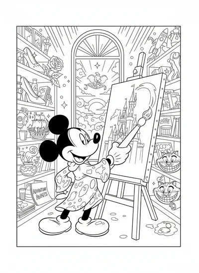 Discover the magic of creation with this Mickey Mouse coloring page! Mickey, dressed as a whimsical artist, paints a Disney castle in his fantastical workshop, surrounded by iconic Disney story elements. A delightful scene celebrating imagination and storytelling, perfect for coloring.