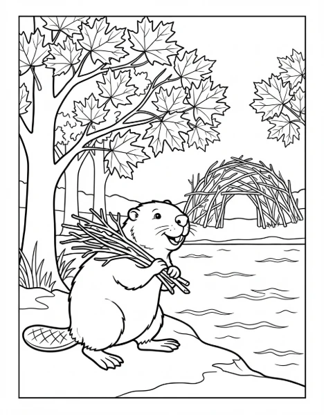 Color a charming Canadian scene featuring a friendly beaver collecting twigs for its cozy lodge, surrounded by colorful maple trees near a shimmering lake. This printable coloring page is perfect for kids and adults!