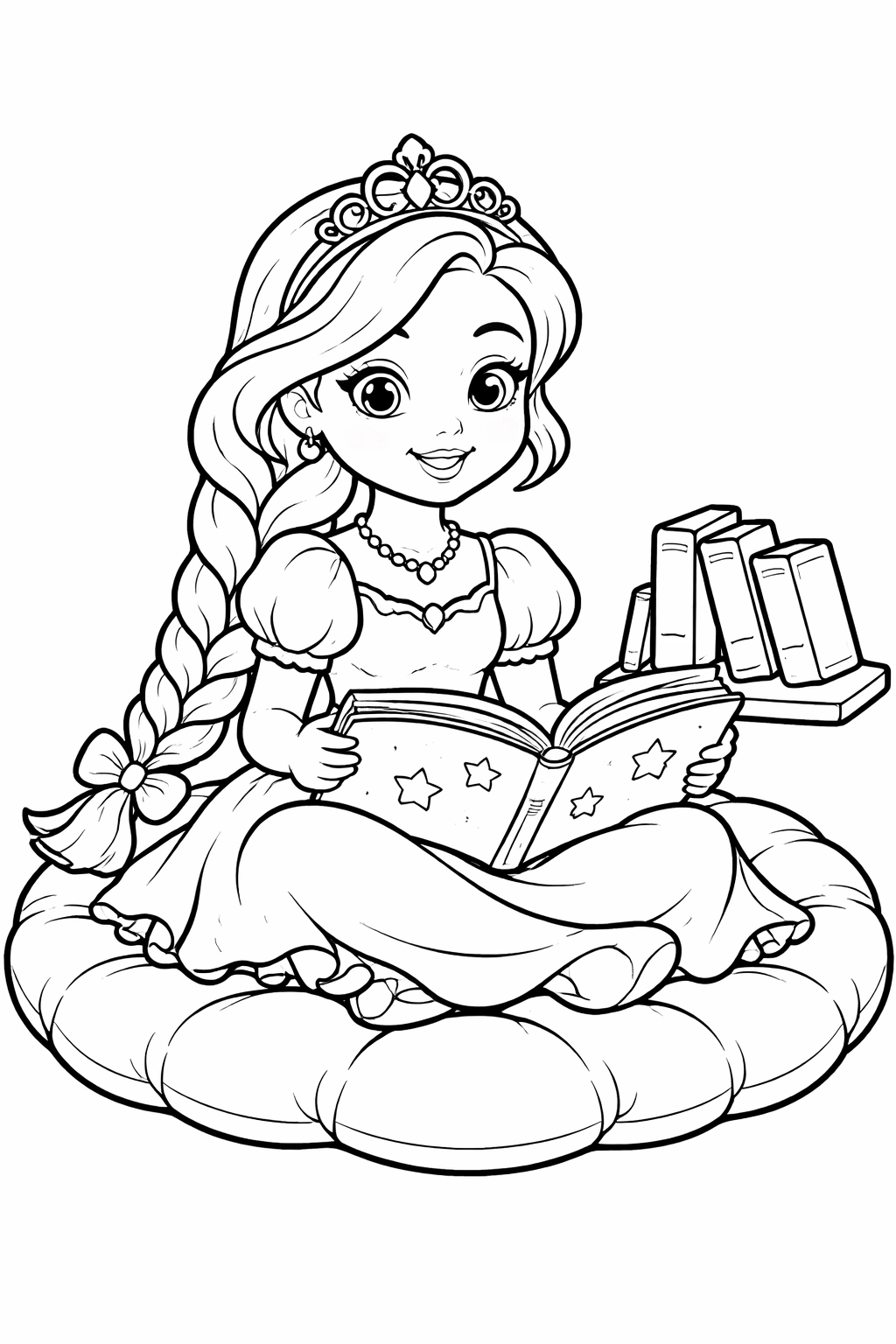 Print this The Library Princess coloring page and color a curious princess sitting cross-legged on a fluffy cushion, with a starry open storybook and a tilted bookshelf in the background.