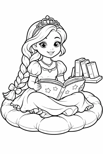 Print this The Library Princess coloring page and color a curious princess sitting cross-legged on a fluffy cushion, with a starry open storybook and a tilted bookshelf in the background.