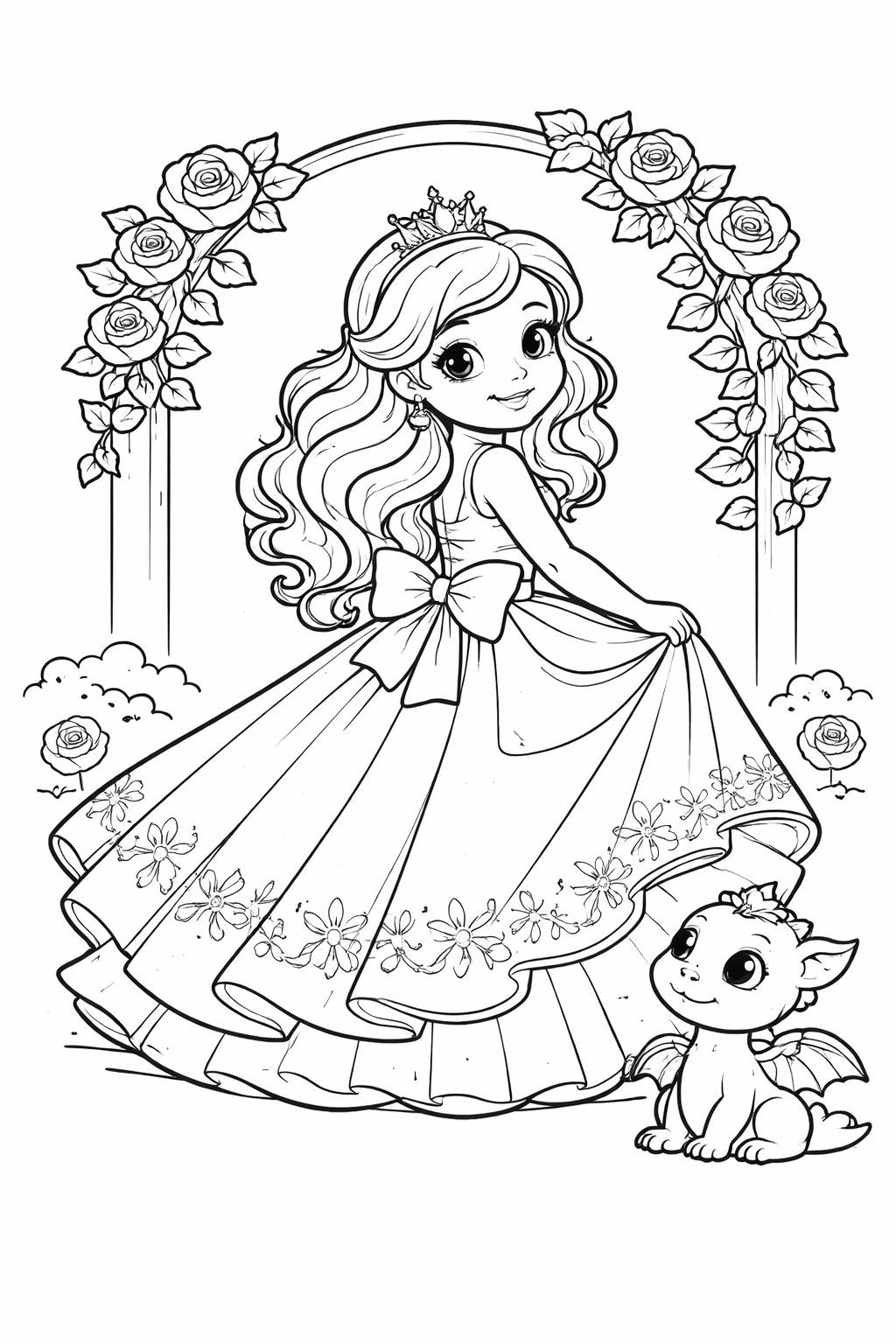 This printable coloring page features Princess Aria in a sunlit palace garden, with a flowing gown, a tiny crown, and a friendly dragon at her feet. Print and color to bring the scene to life.