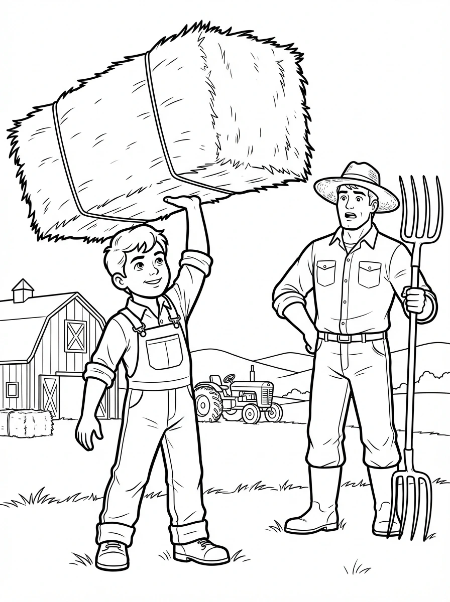 Color this fun scene of young Clark Kent on the Kent farm, effortlessly using his super-strength to assist his dad with farm work. A perfect printable coloring page for budding superheroes!