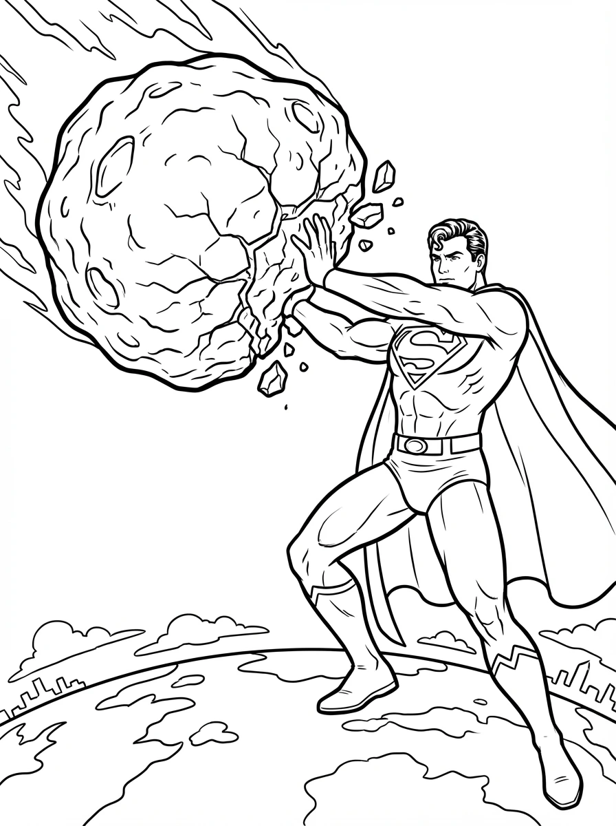 Color this epic printable page featuring Superman heroically deflecting a giant meteor with his bare hands to save Earth! Grab your favorite colors and bring this incredible superhero moment to life.