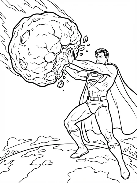 Color this epic printable page featuring Superman heroically deflecting a giant meteor with his bare hands to save Earth! Grab your favorite colors and bring this incredible superhero moment to life.