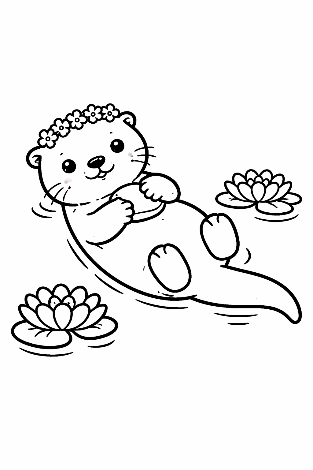 Printable coloring page of a playful river otter floating on its back with a tiny flower crown, balancing a smooth pebble while two water lilies bob nearby. Kid-friendly and relaxing for all ages—print and color for a calm, creative activity.