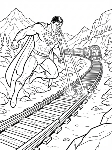 Color this action-packed page showing Superman using his incredible heat vision to fix a broken railroad track and prevent a train accident! Print this heroic Superman coloring page and bring his super strength and laser eyes to life with your favorite colors.