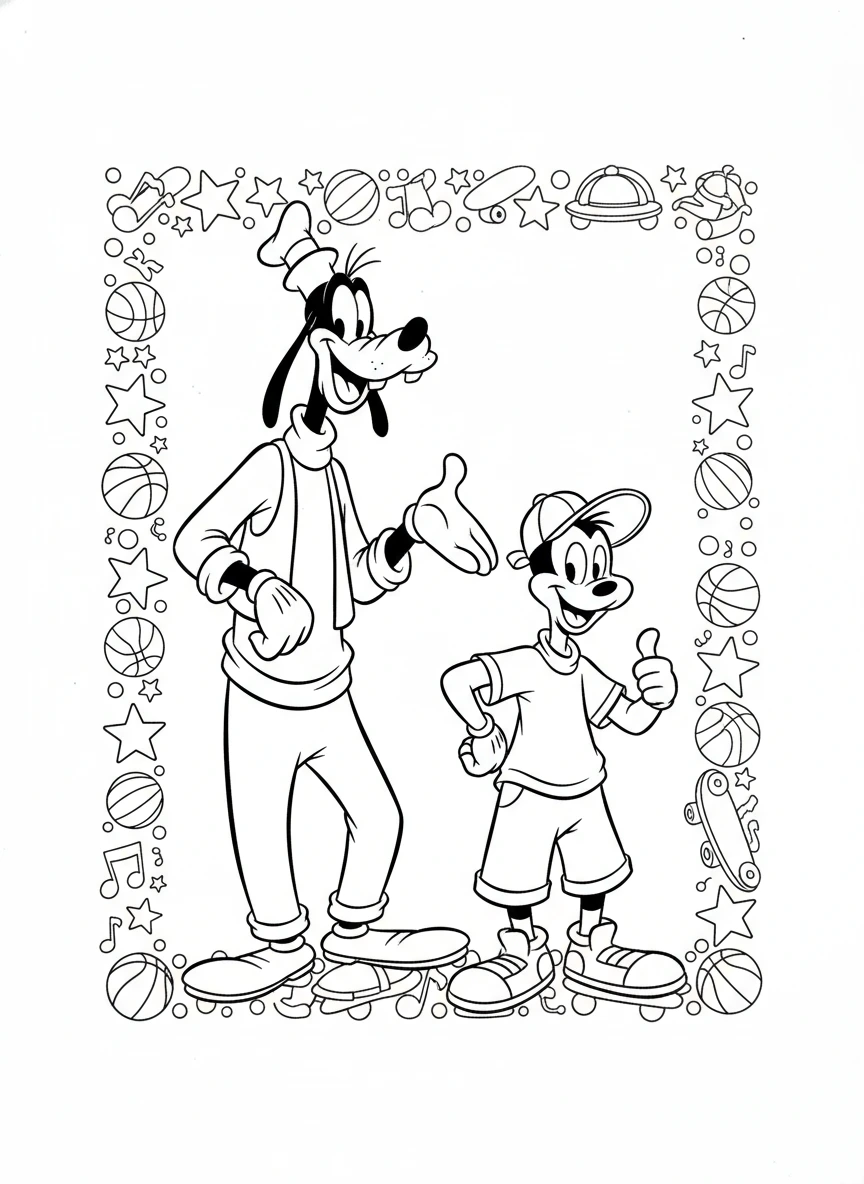 Bring the magic to life with this delightful Disney coloring page featuring Goofy and his son Max. A perfect printable activity for kids and fans to enjoy.