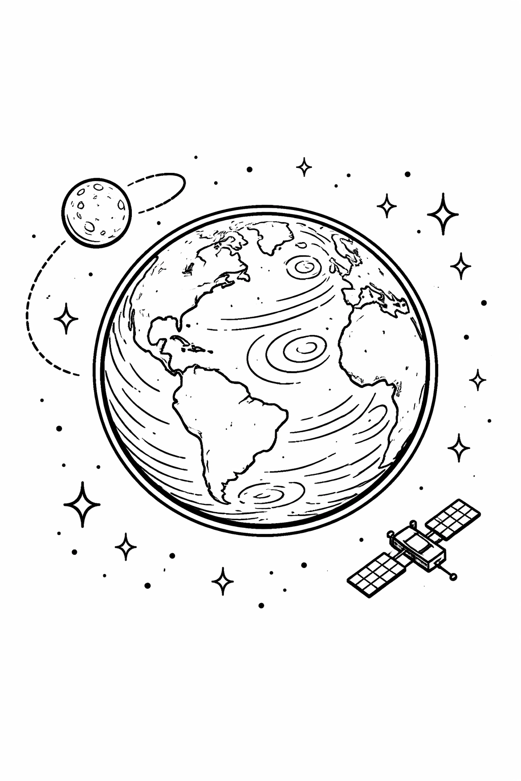 Printable coloring page featuring Earth at the center with the Moon in orbit, a tiny satellite, and a simple starry backdrop. Ideal for kids and adults to print, color, and learn about the Solar System.
