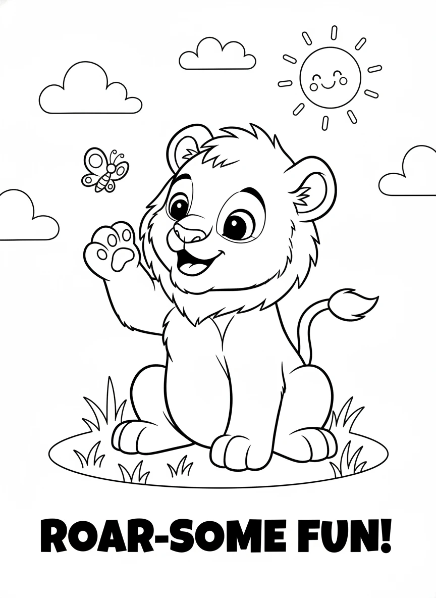 Download this free coloring page featuring an adorable baby lion cub sitting playfully with wide, curious eyes and a friendly smile. Perfect for children, this black and white outline drawing has thick, clean lines for easy coloring fun.