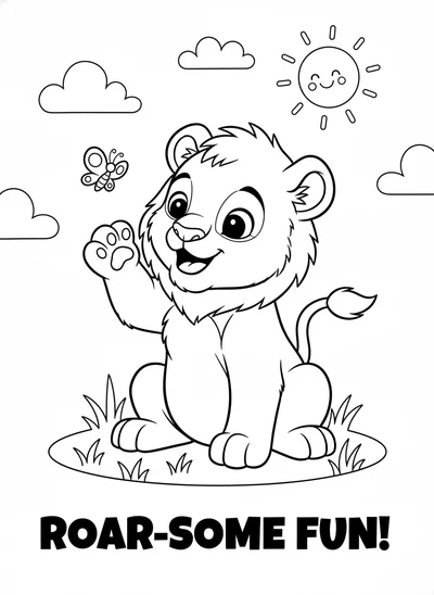 Download this free coloring page featuring an adorable baby lion cub sitting playfully with wide, curious eyes and a friendly smile. Perfect for children, this black and white outline drawing has thick, clean lines for easy coloring fun.