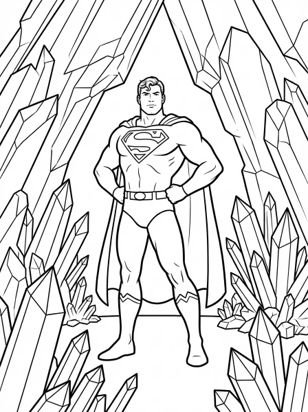 Join Superman in his magnificent Fortress of Solitude! This printable coloring page features the hero among ancient alien crystals, ready for you to add your favorite colors.
