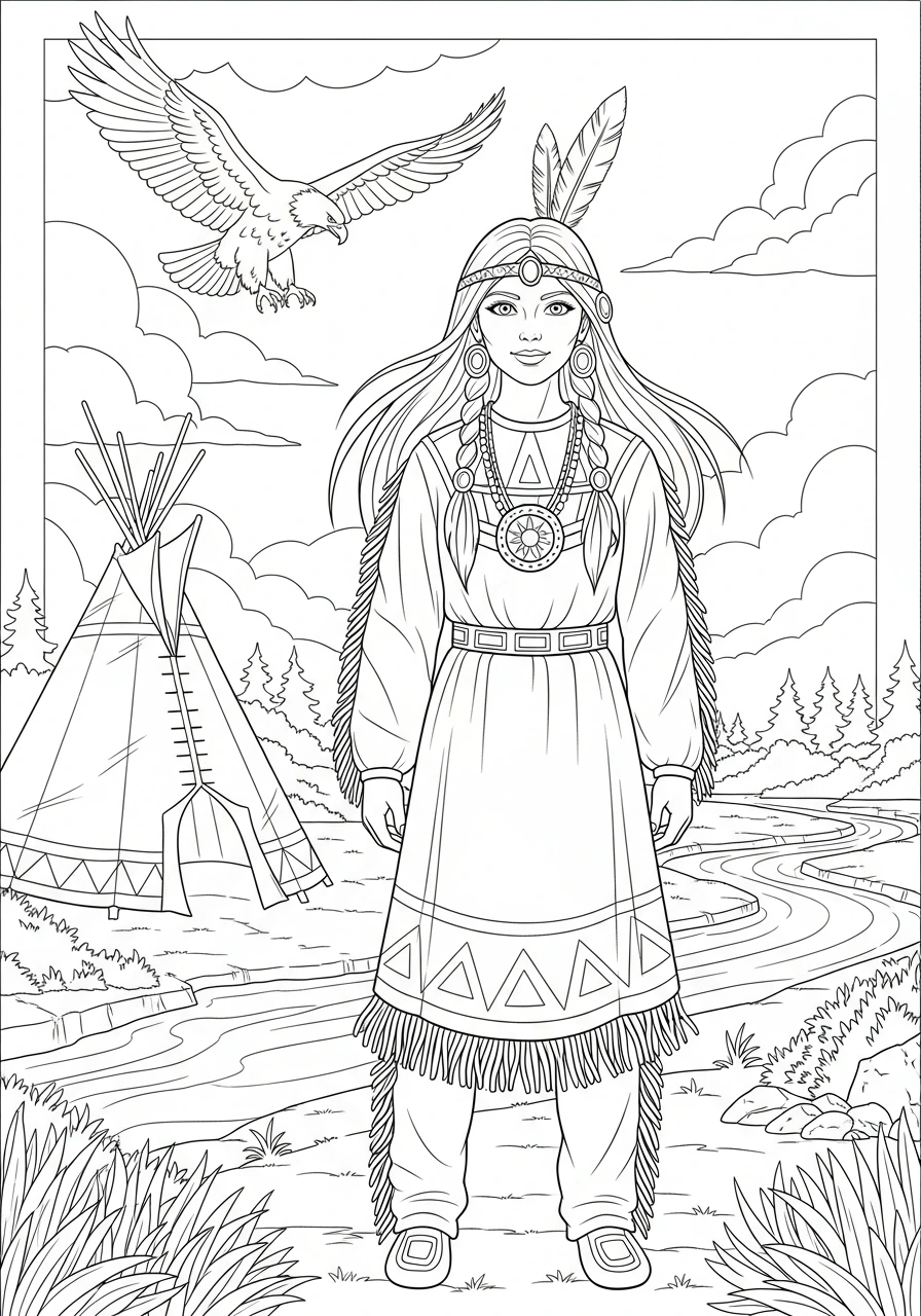 Print and color this beautiful Native American princess coloring page! A wonderful activity for kids and adults to explore culture and creativity.