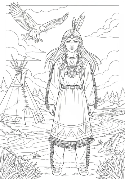 Print and color this beautiful Native American princess coloring page! A wonderful activity for kids and adults to explore culture and creativity.