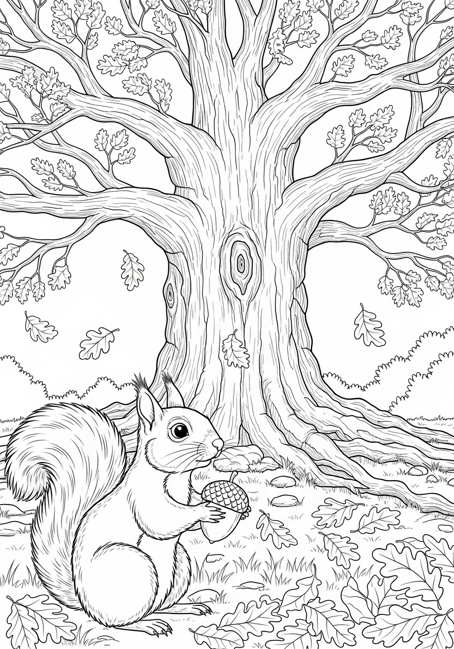 Color a delightful scene of a curious squirrel burying its shiny acorn at the base of a grand oak tree, surrounded by gently falling autumn leaves. Print this charming page for a cozy fall coloring adventure!