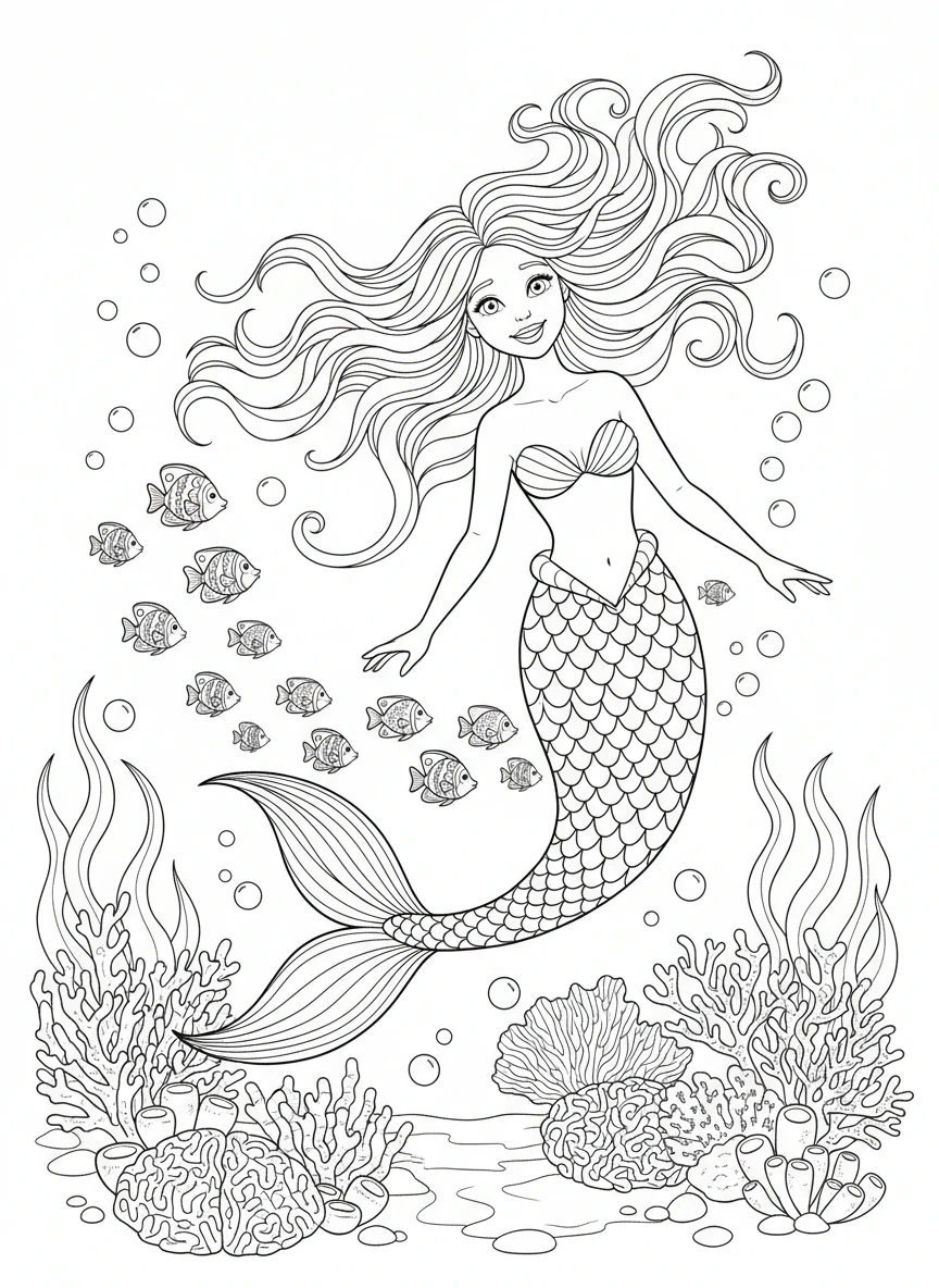 Dive into an enchanting underwater world with this cheerful mermaid coloring page, featuring an adorable, smiling mermaid with flowing hair and a decorative tail, gently swimming alongside playful tropical fish. The scene is rich with intricate coral formations, delicate seaweed, and sparkling bubbles, all presented in crisp black outlines on a pure white background, perfect for creative coloring.