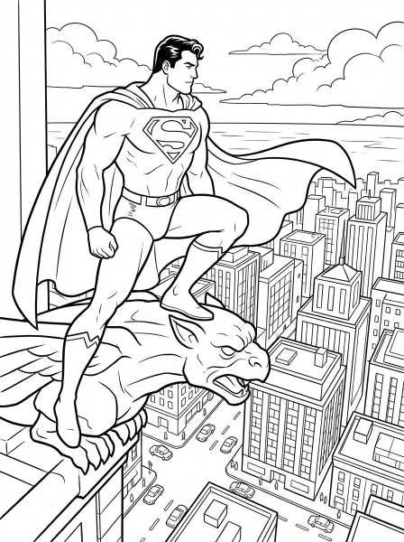 Print and color this unique Superman coloring page featuring the Man of Steel in a rare moment of peace on a skyscraper gargoyle, overlooking the bustling city. A fantastic, kid-friendly activity for all Superman fans to enjoy!