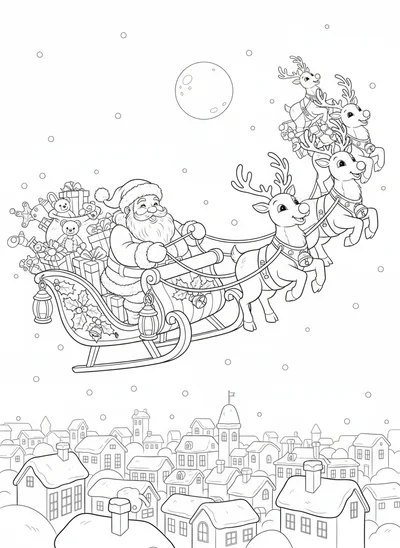 Download our delightful coloring page featuring a charming, chubby Santa Claus joyfully piloting his old-fashioned sled, overflowing with gifts, pulled by happy reindeer led by glowing Rudolph. They fly high over a snow-covered city on a magical Christmas Eve night under a full moon. A detailed, clear line art design perfect for kids and adults to color and celebrate the holiday spirit!