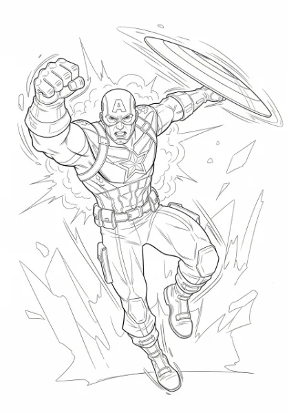 Unleash your creativity with this printable Captain America coloring page! Featuring the First Avenger in an awesome action scene, it's perfect for kids and adults to enjoy coloring.