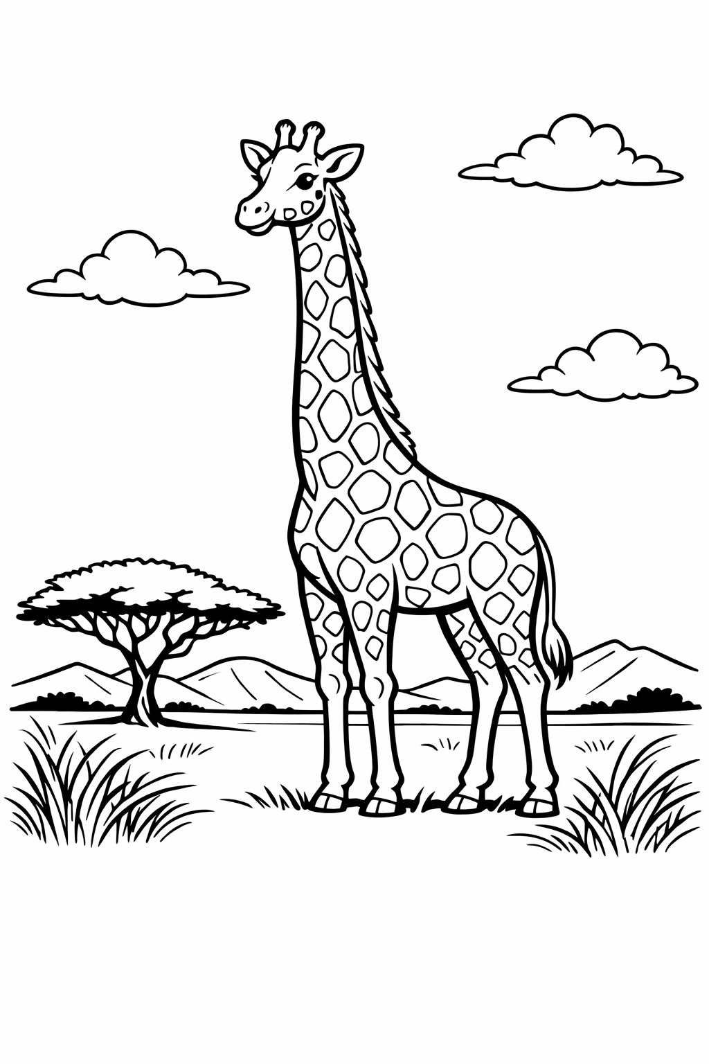 Print this giraffe coloring page featuring a tall savanna silhouette with an acacia tree, grasses, hills, and a rising sun. Bold lines make coloring easy for kids and adults alike.