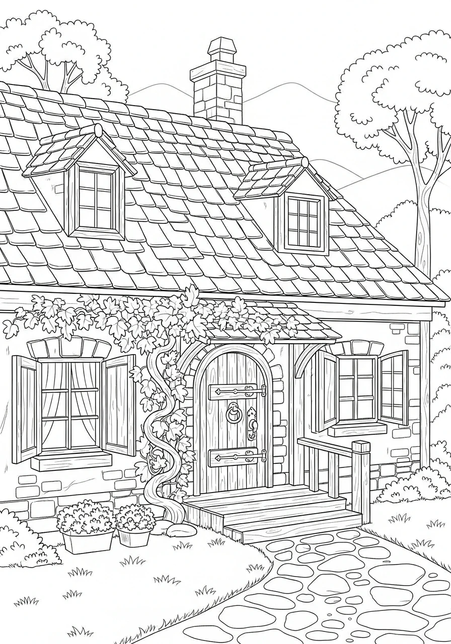 Unwind with this charming rustic house coloring page, featuring a cozy home with climbing vines and intricate stone tiles. Perfect for adults looking for a relaxing and detailed printable art activity.