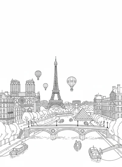 Download and print this beautiful coloring page featuring the iconic city of Paris. Explore famous landmarks, charming streets, and the unique architecture of the French capital. Perfect for all ages.