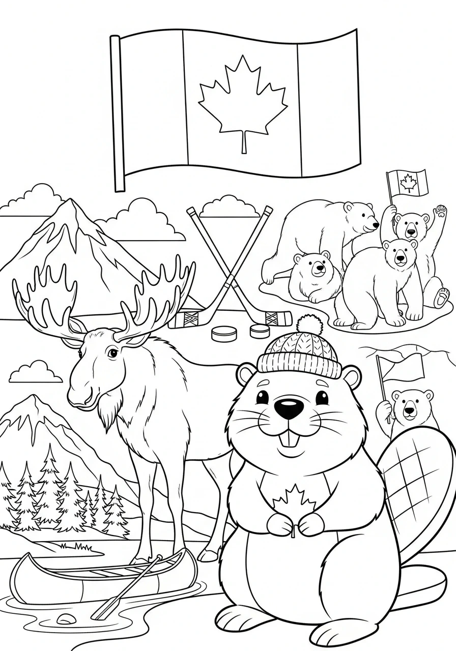 Explore the beauty of Canada with this fun coloring page featuring iconic Canadian symbols! Perfect for kids and adults, simply print and enjoy hours of creative coloring.