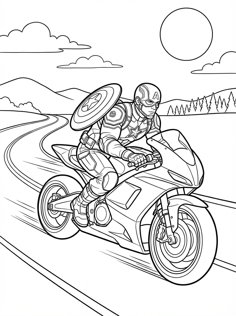 Get ready for an epic adventure! Color Captain America on his sleek motorcycle, shield ready for action on an urgent mission. Perfect for printing and hours of creative fun for all ages.