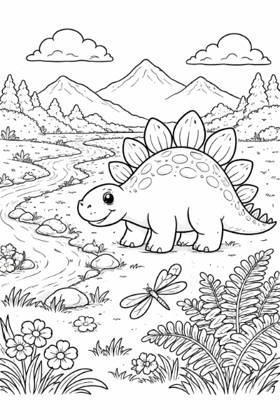 Print this cheerful stegosaurus coloring page and bring a sunlit meadow scene to life. Great for kids and adults to color, it features a friendly dinosaur beside a winding stream, with dragonflies, ferns, and distant mountains.