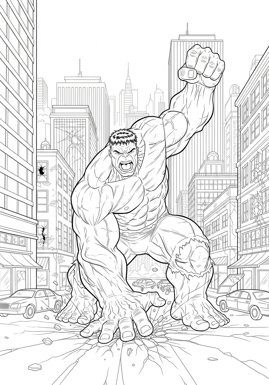 Download and print this exciting Hulk in the city coloring page! Bring the vibrant urban landscape and the mighty green hero to life with your favorite colors.