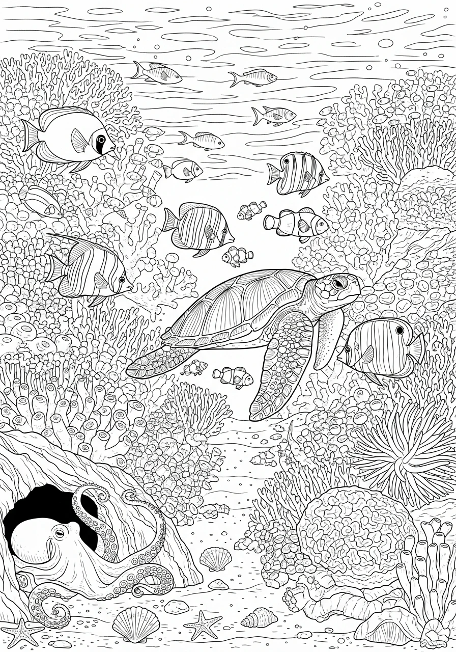 Dive into an exciting underwater world! Print and color this beautiful coral reef scene featuring a graceful sea turtle, playful fish, and a friendly octopus peeking from its cave.