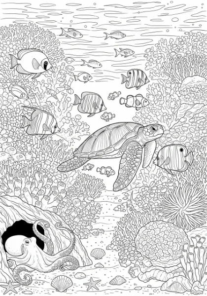 Dive into an exciting underwater world! Print and color this beautiful coral reef scene featuring a graceful sea turtle, playful fish, and a friendly octopus peeking from its cave.