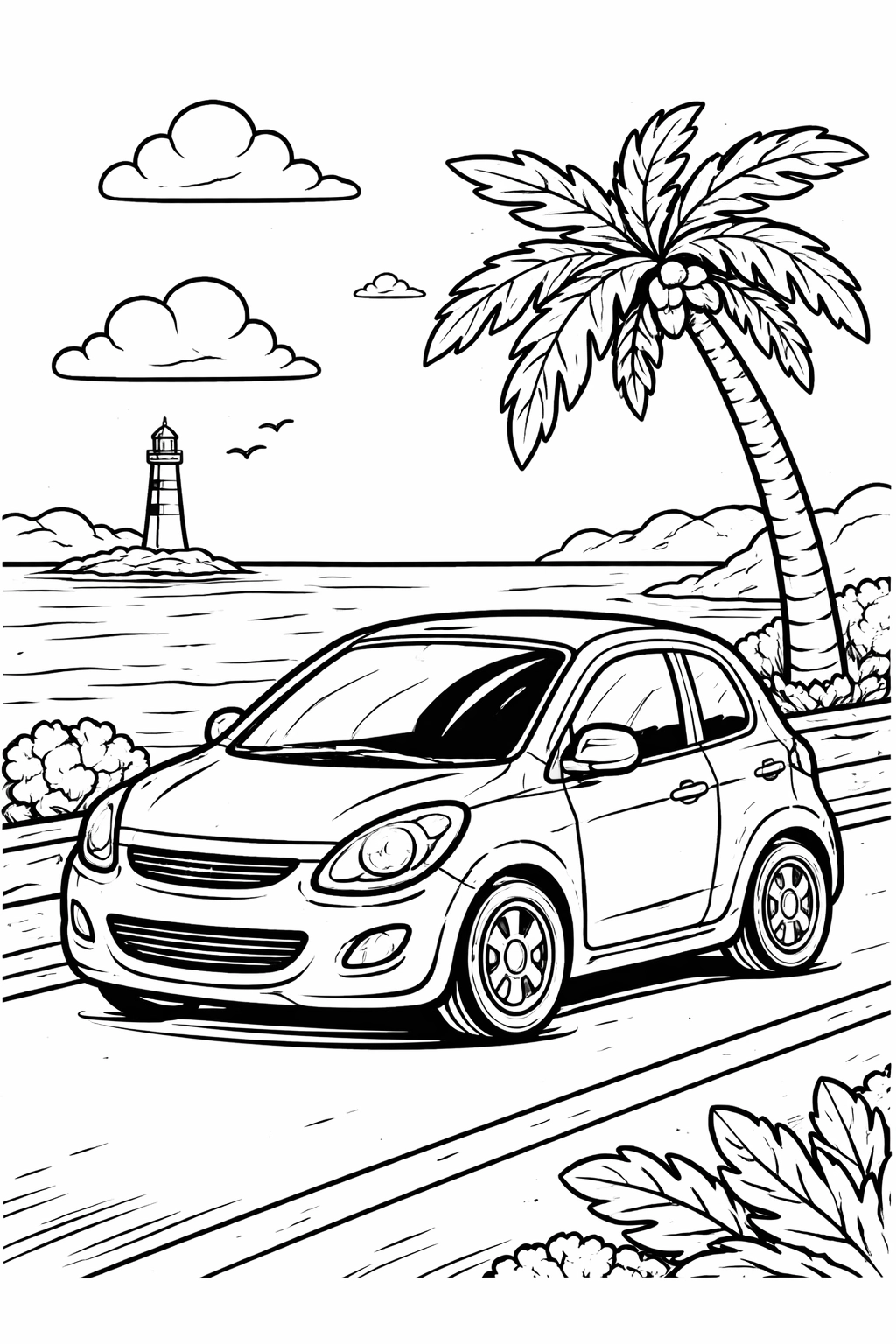Print this bold-line coloring page featuring a gleaming compact car along a sunlit coastal road, with sea, lighthouse, palm tree, and drifting clouds. Great for kids and adults to print and color at home or in the classroom.