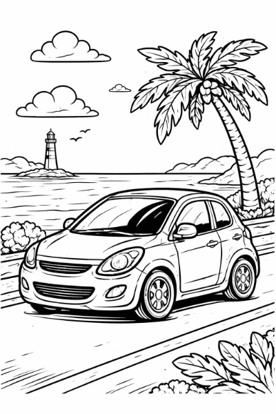 Print this bold-line coloring page featuring a gleaming compact car along a sunlit coastal road, with sea, lighthouse, palm tree, and drifting clouds. Great for kids and adults to print and color at home or in the classroom.