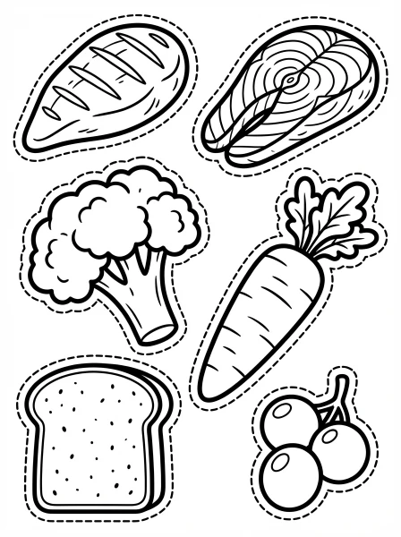Print this fun Build a Balanced Meal coloring and craft activity page! Kids can color healthy foods like chicken, salmon, broccoli, and grapes, then cut them out to create their own nutritious meal.