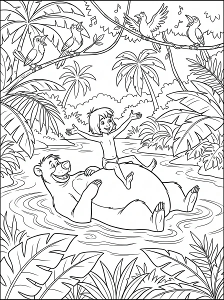 Dive into adventure with Mowgli and Baloo as they float happily down the jungle river! Print this wonderful Disney coloring page and use your imagination to add vibrant colors to their peaceful journey.