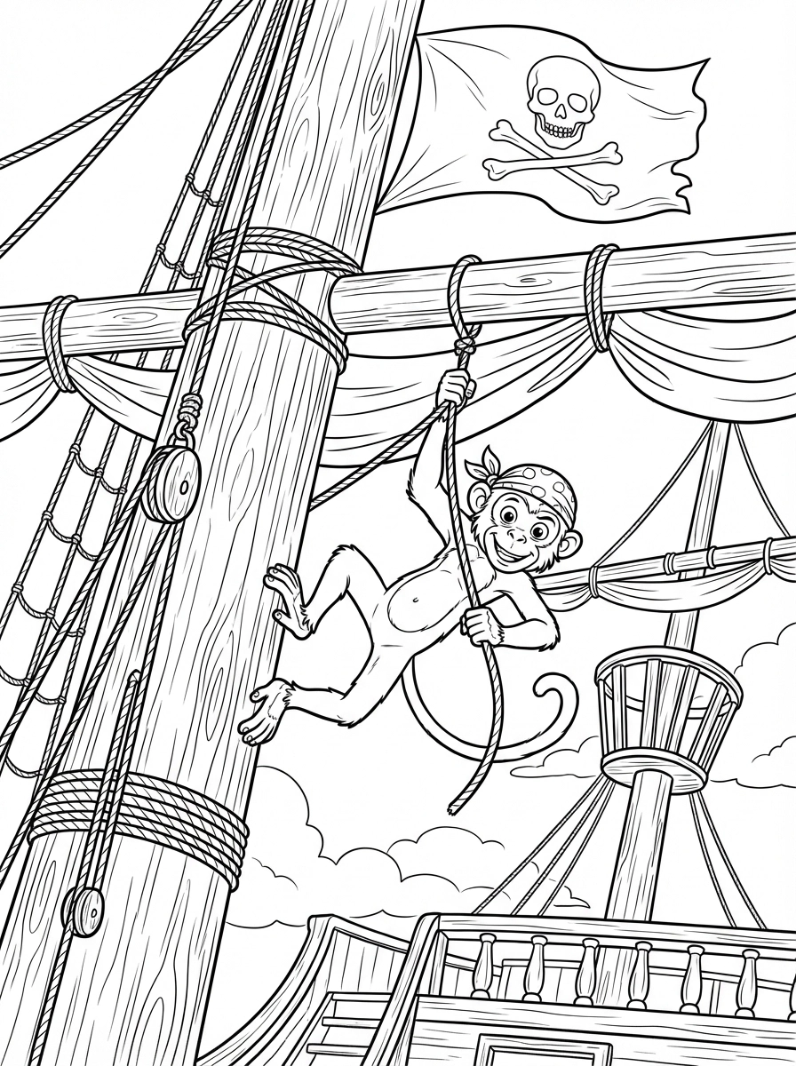 Set sail on a coloring quest! This printable page features a mischievous monkey swinging from the mast of a grand pirate ship, complete with a skull and crossbones flag. Grab your colors and bring this swashbuckling scene to life!