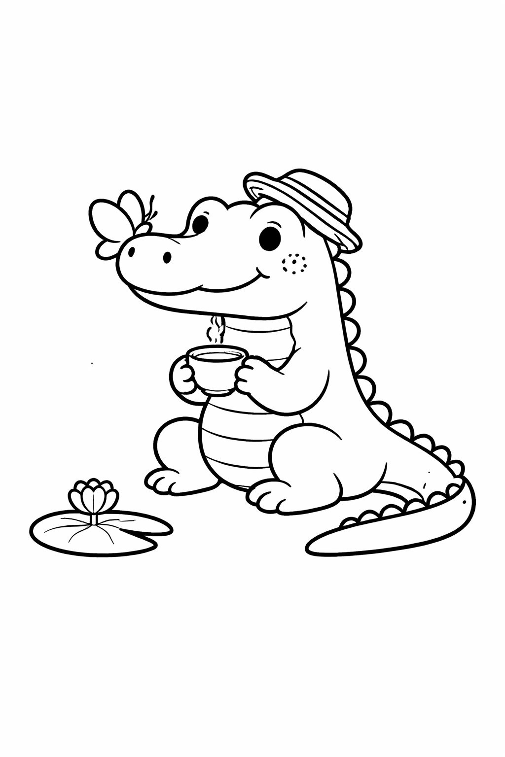 Printable coloring page featuring a gentle crocodile wearing a tiny straw hat, sipping tea with a curious butterfly on its nose and a lily pad nearby. Perfect to print and color for relaxing, family-friendly fun for kids and adults.
