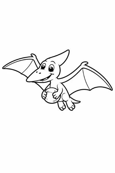 Print this coloring page featuring a smiling pterodactyl gliding through the air with wings spread and a small round stone. Perfect for kids and adults to print, color, and enjoy a friendly dinosaur scene.
