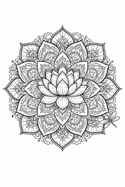 Print this lotus mandala coloring page and relax as you fill lace-like petals, geometric motifs, and a delicate dragonfly resting on an outer petal. This calming design is suitable for adults and older kids to color.