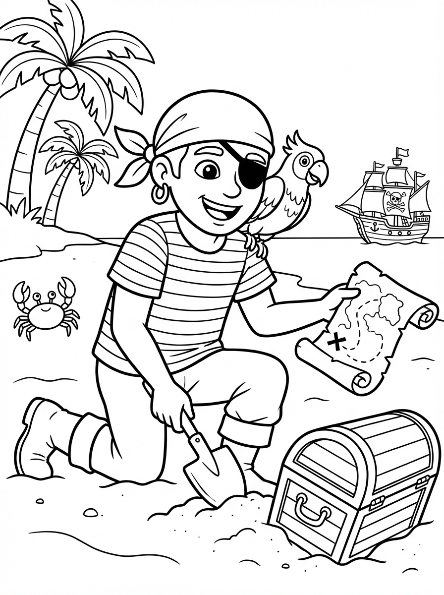 Join a cheerful pirate on an exciting treasure hunt! Print and color this fun page, perfect for kids and adults who love pirate adventures and hidden riches.