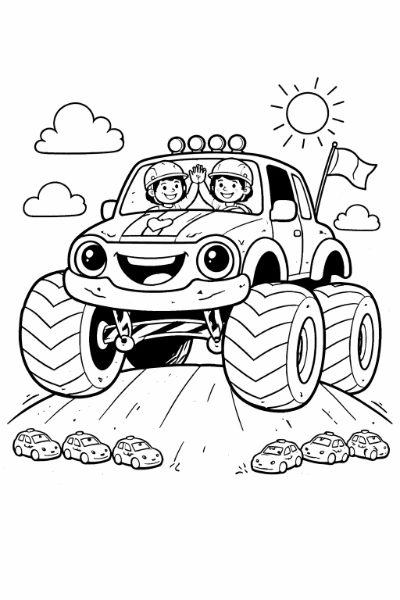 Print this friendly monster truck coloring page and bring a sunny arena scene to life with a smiling truck, cheering toy cars, and a family high-five. Perfect for kids and adults to print, color, and enjoy together.