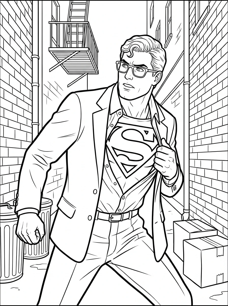 Get ready for action with this printable coloring page! Watch Clark Kent secretly reveal his Superman 'S' shield, ready to save the day. A super fun activity for kids and adults to print and color.