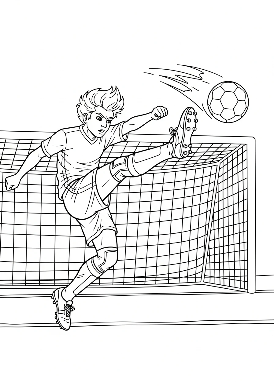 This fun coloring page features a young soccer player making a powerful kick towards the goal. Print it today and bring this exciting scene to life with your favorite colors!